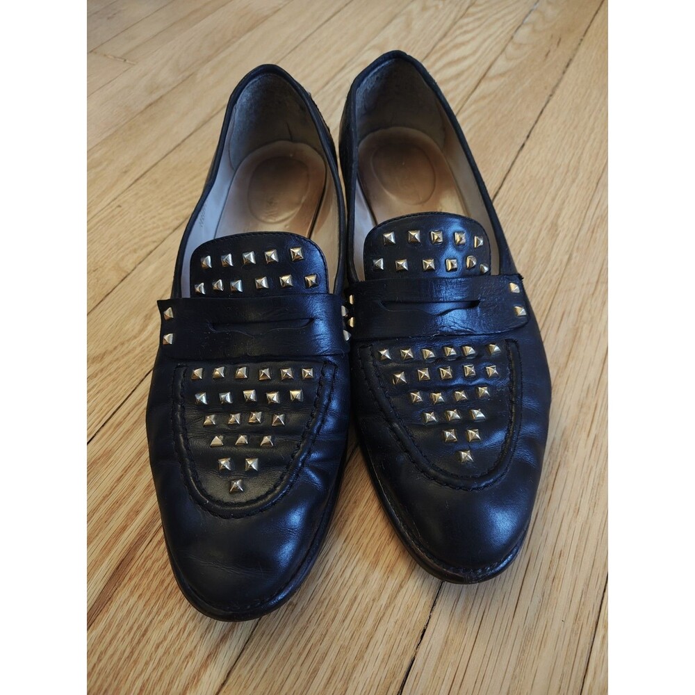 J.Crew Collection Studded Penny Loafer Womens 8.5 Black Leather Gold Studs Italy